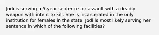 Jodi is serving a 5-year sentence for assault with a deadly weapon with intent to kill. She is incarcerated in the only institution for females in the state. Jodi is most likely serving her sentence in which of the following facilities?