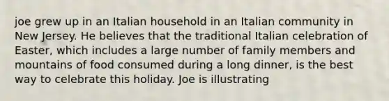 joe grew up in an Italian household in an Italian community in New Jersey. He believes that the traditional Italian celebration of Easter, which includes a large number of family members and mountains of food consumed during a long dinner, is the best way to celebrate this holiday. Joe is illustrating