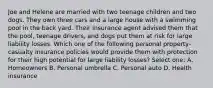 Joe and Helene are married with two teenage children and two dogs. They own three cars and a large house with a swimming pool in the back yard. Their insurance agent advised them that the pool, teenage drivers, and dogs put them at risk for large liability losses. Which one of the following personal property-casualty insurance policies would provide them with protection for their high potential for large liability losses? Select one: A. Homeowners B. Personal umbrella C. Personal auto D. Health insurance