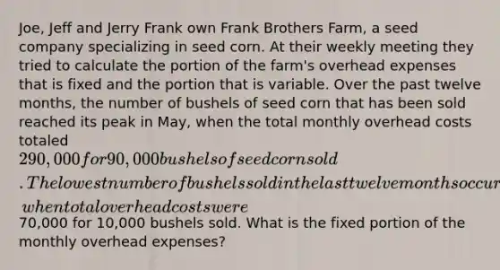 Joe, Jeff and Jerry Frank own Frank Brothers Farm, a seed company specializing in seed corn. At their weekly meeting they tried to calculate the portion of the farm's overhead expenses that is fixed and the portion that is variable. Over the past twelve months, the number of bushels of seed corn that has been sold reached its peak in May, when the total monthly overhead costs totaled 290,000 for 90,000 bushels of seed corn sold. The lowest number of bushels sold in the last twelve months occurred in December, when total overhead costs were70,000 for 10,000 bushels sold. What is the fixed portion of the monthly overhead expenses?