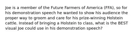 Joe is a member of the Future Farmers of America (FFA), so for his demonstration speech he wanted to show his audience the proper way to groom and care for his prize-winning Holstein cattle. Instead of bringing a Holstein to class, what is the BEST visual Joe could use in his demonstration speech?