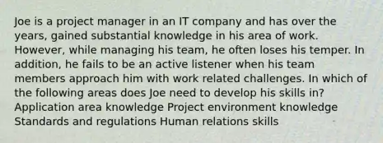 Joe is a project manager in an IT company and has over the years, gained substantial knowledge in his area of work. However, while managing his team, he often loses his temper. In addition, he fails to be an active listener when his team members approach him with work related challenges. In which of the following areas does Joe need to develop his skills in? Application area knowledge Project environment knowledge Standards and regulations Human relations skills