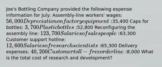 Joe's Bottling Company provided the following expense information for July: Assembly-line workers' wages: 56,000 Depreciation on factory equipment:35,400 Caps for bottles: 3,700 Plastic bottles:52,800 Reconfiguring the assembly line: 123,700 Salaries of salespeople:63,300 Customer support hotline: 12,600 Salaries of research scientists:65,300 Delivery expenses: 40,200 Customer toll-free order line:8,000 What is the total cost of research and development?