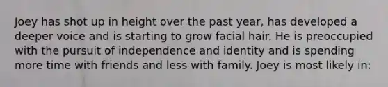 Joey has shot up in height over the past year, has developed a deeper voice and is starting to grow facial hair. He is preoccupied with the pursuit of independence and identity and is spending more time with friends and less with family. Joey is most likely in: