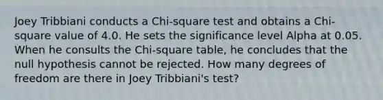 Joey Tribbiani conducts a Chi-square test and obtains a Chi-square value of 4.0. He sets the significance level Alpha at 0.05. When he consults the Chi-square table, he concludes that the null hypothesis cannot be rejected. How many degrees of freedom are there in Joey Tribbiani's test?