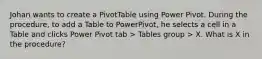 Johan wants to create a PivotTable using Power Pivot. During the procedure, to add a Table to PowerPivot, he selects a cell in a Table and clicks Power Pivot tab > Tables group > X. What is X in the procedure?