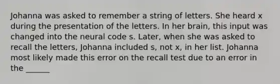 Johanna was asked to remember a string of letters. She heard x during the presentation of the letters. In her brain, this input was changed into the neural code s. Later, when she was asked to recall the letters, Johanna included s, not x, in her list. Johanna most likely made this error on the recall test due to an error in the ______