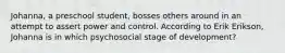 Johanna, a preschool student, bosses others around in an attempt to assert power and control. According to Erik Erikson, Johanna is in which psychosocial stage of development?