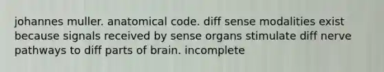 johannes muller. anatomical code. diff sense modalities exist because signals received by sense organs stimulate diff nerve pathways to diff parts of brain. incomplete