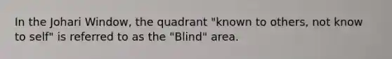 In the Johari Window, the quadrant "known to others, not know to self" is referred to as the "Blind" area.