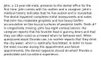 John, a 13-year-old male, presents to the dental office for the first time. John comes with his mother and a caregiver. John's medical history indicates that he has autism and is nonverbal. The dental hygienist completes initial assessments and notes that John has moderate gingivitis and has heavy biofilm accumulation on the buccal surfaces of posterior teeth. Tooth #7 is congenitally missing. John has eight carious lesions. His caregiver reports that his favorite food is gummy bears and that they are often used as a reward when he behaves well. When questioned about fluoride use, his mother reports that they drink the city water, which is optimally fluoridated. In order to have the most success during this appointment and future appointments, the dental hygienist should do what? Provide a predictable and consistent experience.