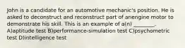 John is a candidate for an automotive mechanic's position. He is asked to deconstruct and reconstruct part of anengine motor to demonstrate his skill. This is an example of a(n) ________. A)aptitude test B)performance-simulation test C)psychometric test D)intelligence test