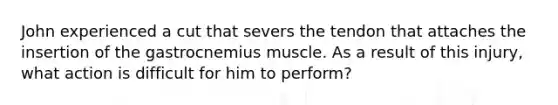 John experienced a cut that severs the tendon that attaches the insertion of the gastrocnemius muscle. As a result of this injury, what action is difficult for him to perform?