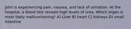 John is experiencing pain, nausea, and lack of urination. At the hospital, a blood test reveals high levels of urea. Which organ is most likely malfunctioning? A) Liver B) heart C) kidneys D) small intestine