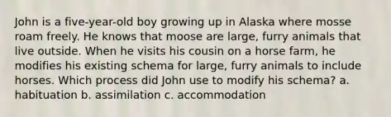 John is a five-year-old boy growing up in Alaska where mosse roam freely. He knows that moose are large, furry animals that live outside. When he visits his cousin on a horse farm, he modifies his existing schema for large, furry animals to include horses. Which process did John use to modify his schema? a. habituation b. assimilation c. accommodation