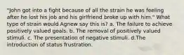 "John got into a fight because of all the strain he was feeling after he lost his job and his girlfriend broke up with him." What type of strain would Agnew say this is? a. The failure to achieve positively valued goals. b. The removal of positively valued stimuli. c. The presentation of negative stimuli. d.The introduction of status frustration.