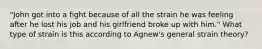 "John got into a fight because of all the strain he was feeling after he lost his job and his girlfriend broke up with him." What type of strain is this according to Agnew's general strain theory?