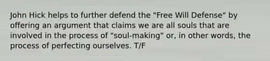 John Hick helps to further defend the "Free Will Defense" by offering an argument that claims we are all souls that are involved in the process of "soul-making" or, in other words, the process of perfecting ourselves. T/F