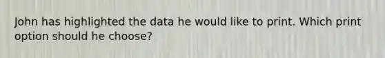 John has highlighted the data he would like to print. Which print option should he choose?