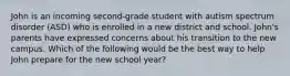 John is an incoming second-grade student with autism spectrum disorder (ASD) who is enrolled in a new district and school. John's parents have expressed concerns about his transition to the new campus. Which of the following would be the best way to help John prepare for the new school year?