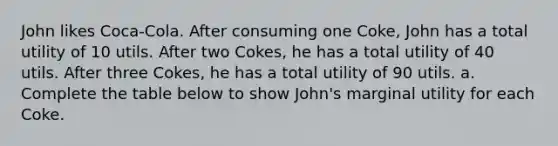 John likes Coca-Cola. After consuming one Coke, John has a total utility of 10 utils. After two Cokes, he has a total utility of 40 utils. After three Cokes, he has a total utility of 90 utils. a. Complete the table below to show John's marginal utility for each Coke.