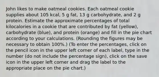 John likes to make oatmeal cookies. Each oatmeal cookie supplies about 105 kcal, 5 g fat, 13 g carbohydrate, and 2 g protein. Estimate the approximate percentages of total kilocalories in a cookie that are contributed by fat (yellow), carbohydrate (blue), and protein (orange) and fill in the pie chart according to your calculations. (Rounding the figures may be necessary to obtain 100%.) (To enter the percentages, click on the pencil icon in the upper left corner of each label, type in the number (do not include the percentage sign), click on the save icon in the upper left corner and drag the label to the appropriate place on the pie chart.)