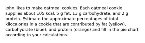 John likes to make oatmeal cookies. Each oatmeal cookie supplies about 105 kcal, 5 g fat, 13 g carbohydrate, and 2 g protein. Estimate the approximate percentages of total kilocalories in a cookie that are contributed by fat (yellow), carbohydrate (blue), and protein (orange) and fill in the pie chart according to your calculations.