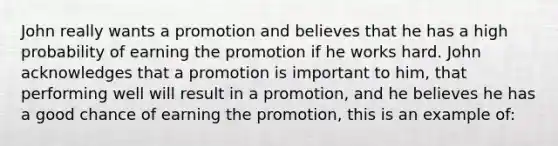 John really wants a promotion and believes that he has a high probability of earning the promotion if he works hard. John acknowledges that a promotion is important to him, that performing well will result in a promotion, and he believes he has a good chance of earning the promotion, this is an example of: