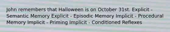 John remembers that Halloween is on October 31st. Explicit - Semantic Memory Explicit - Episodic Memory Implicit - Procedural Memory Implicit - Priming Implicit - Conditioned Reflexes