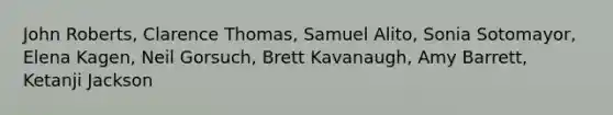 John Roberts, Clarence Thomas, Samuel Alito, Sonia Sotomayor, Elena Kagen, Neil Gorsuch, Brett Kavanaugh, Amy Barrett, Ketanji Jackson