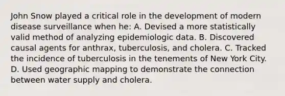 John Snow played a critical role in the development of modern disease surveillance when he: A. Devised a more statistically valid method of analyzing epidemiologic data. B. Discovered causal agents for anthrax, tuberculosis, and cholera. C. Tracked the incidence of tuberculosis in the tenements of New York City. D. Used geographic mapping to demonstrate the connection between water supply and cholera.