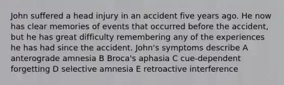 John suffered a head injury in an accident five years ago. He now has clear memories of events that occurred before the accident, but he has great difficulty remembering any of the experiences he has had since the accident. John's symptoms describe A anterograde amnesia B Broca's aphasia C cue-dependent forgetting D selective amnesia E retroactive interference