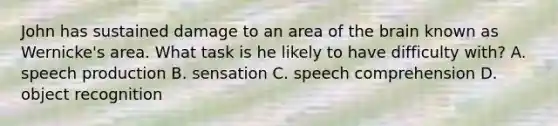 John has sustained damage to an area of the brain known as Wernicke's area. What task is he likely to have difficulty with? A. speech production B. sensation C. speech comprehension D. object recognition