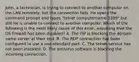 John, a technician, is trying to connect to another computer on the LAN remotely, but the connection fails. He opens the command prompt and types "telnet computername 3389" but still he is unable to connect to another computer. Which of the following is the most likely cause of this error, assuming that the OS firewall has been disabled? A. The ISP is blocking the domain name server at their end. B. The RDP connection has been configured to use a non-standard port. C. The telnet service has not been installed. D. The antivirus software is blocking the incoming connection.