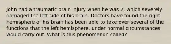 John had a traumatic brain injury when he was 2, which severely damaged the left side of his brain. Doctors have found the right hemisphere of his brain has been able to take over several of the functions that the left hemisphere, under normal circumstances would carry out. What is this phenomenon called?