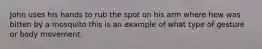 John uses his hands to rub the spot on his arm where hew was bitten by a mosquito this is an example of what type of gesture or body movement.