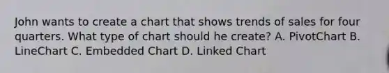 John wants to create a chart that shows trends of sales for four quarters. What type of chart should he create? A. PivotChart B. LineChart C. Embedded Chart D. Linked Chart