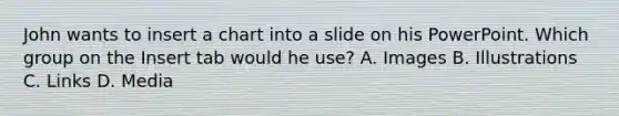 John wants to insert a chart into a slide on his PowerPoint. Which group on the Insert tab would he use? A. Images B. Illustrations C. Links D. Media