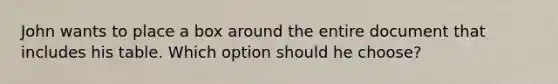 John wants to place a box around the entire document that includes his table. Which option should he choose?