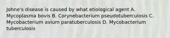 Johne's disease is caused by what etiological agent A. Mycoplasma bovis B. Corynebacterium pseudotuberculosis C. Mycobacterium avium paratuberculosis D. Mycobacterium tuberculosis