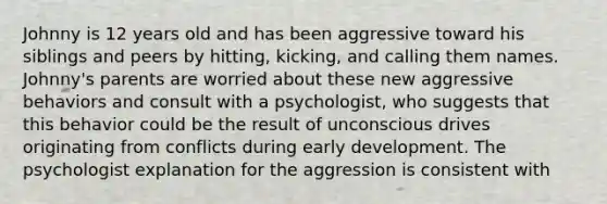 Johnny is 12 years old and has been aggressive toward his siblings and peers by hitting, kicking, and calling them names. Johnny's parents are worried about these new aggressive behaviors and consult with a psychologist, who suggests that this behavior could be the result of unconscious drives originating from conflicts during early development. The psychologist explanation for the aggression is consistent with