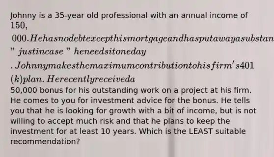 Johnny is a 35-year old professional with an annual income of 150,000. He has no debt except his mortgage and has put away a substantial emergency fund "just in case" he needs it one day. Johnny makes the maximum contribution to his firm's 401(k) plan. He recently received a50,000 bonus for his outstanding work on a project at his firm. He comes to you for investment advice for the bonus. He tells you that he is looking for growth with a bit of income, but is not willing to accept much risk and that he plans to keep the investment for at least 10 years. Which is the LEAST suitable recommendation?