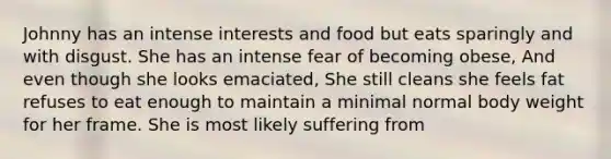 Johnny has an intense interests and food but eats sparingly and with disgust. She has an intense fear of becoming obese, And even though she looks emaciated, She still cleans she feels fat refuses to eat enough to maintain a minimal normal body weight for her frame. She is most likely suffering from