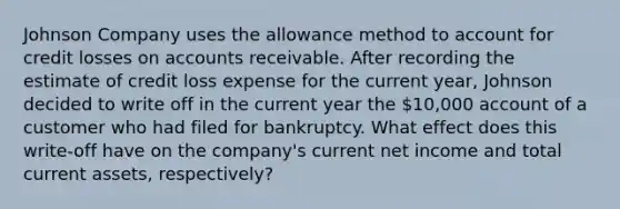 Johnson Company uses the allowance method to account for credit losses on accounts receivable. After recording the estimate of credit loss expense for the current year, Johnson decided to write off in the current year the 10,000 account of a customer who had filed for bankruptcy. What effect does this write-off have on the company's current net income and total current assets, respectively?