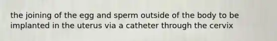 the joining of the egg and sperm outside of the body to be implanted in the uterus via a catheter through the cervix