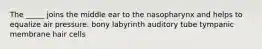 The _____ joins the middle ear to the nasopharynx and helps to equalize air pressure. bony labyrinth auditory tube tympanic membrane hair cells