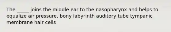 The _____ joins the middle ear to the nasopharynx and helps to equalize air pressure. bony labyrinth auditory tube tympanic membrane hair cells