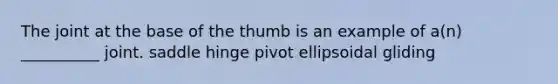 The joint at the base of the thumb is an example of a(n) __________ joint. saddle hinge pivot ellipsoidal gliding