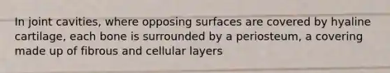 In joint cavities, where opposing surfaces are covered by hyaline cartilage, each bone is surrounded by a periosteum, a covering made up of fibrous and cellular layers