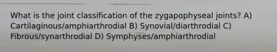 What is the joint classification of the zygapophyseal joints? A) Cartilaginous/amphiarthrodial B) Synovial/diarthrodial C) Fibrous/synarthrodial D) Symphyses/amphiarthrodial